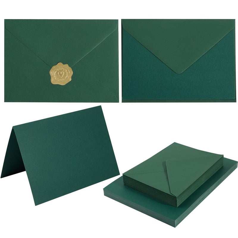 Toperd 50 Pack Dark Green A7 Envelopes with Cards 5x7 Thick Folded Cardstock and Gold Stickers for Greeting Cards, Wedding, Birthday, Invitations, Baby Showers (Dark Green, 5x7) - Image 1